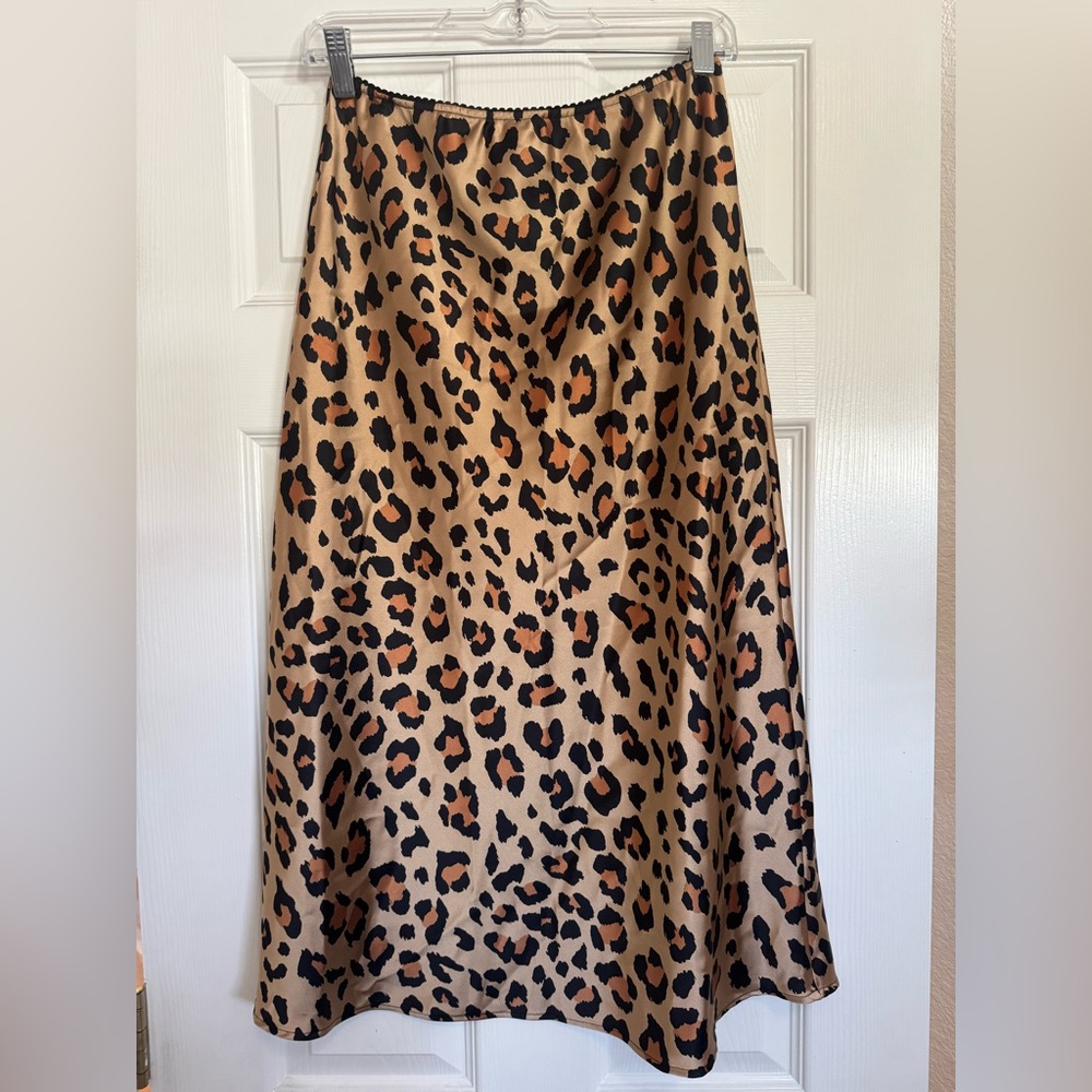 Tan and Brown Leopard Print Midi Skirt